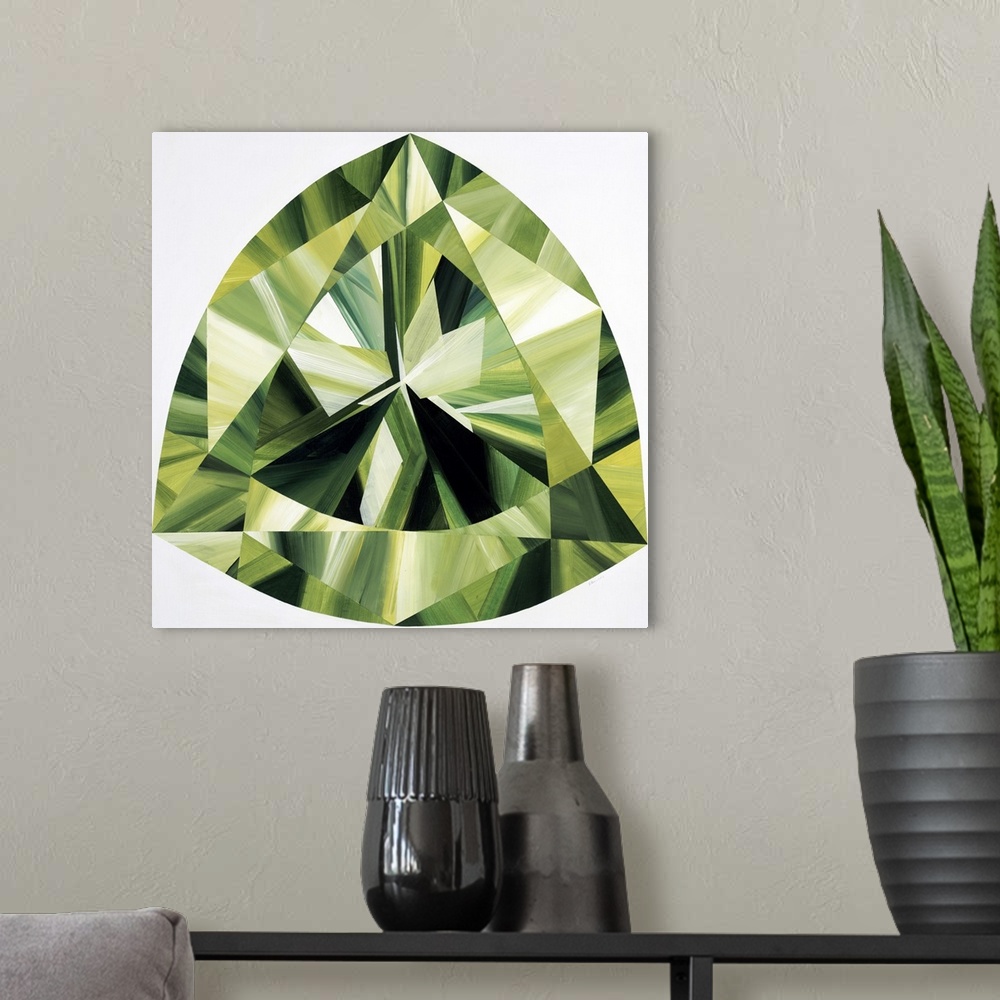 A modern room featuring A painting of a green, trilliant shaped gemstone.
