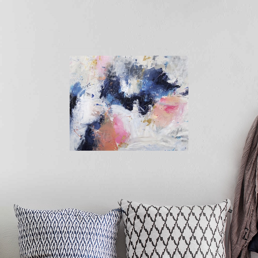 A bohemian room featuring Abstract painting with coll bursts of blue surrounded by warm bursts of pink on a gray toned back...
