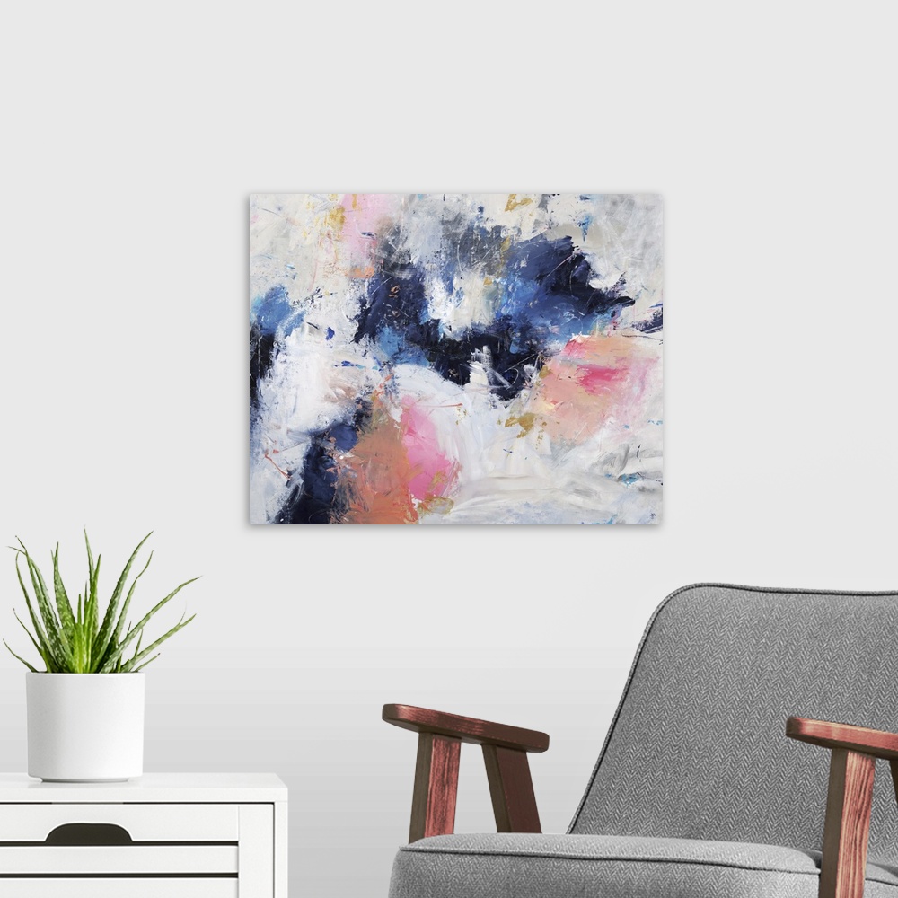A modern room featuring Abstract painting with coll bursts of blue surrounded by warm bursts of pink on a gray toned back...