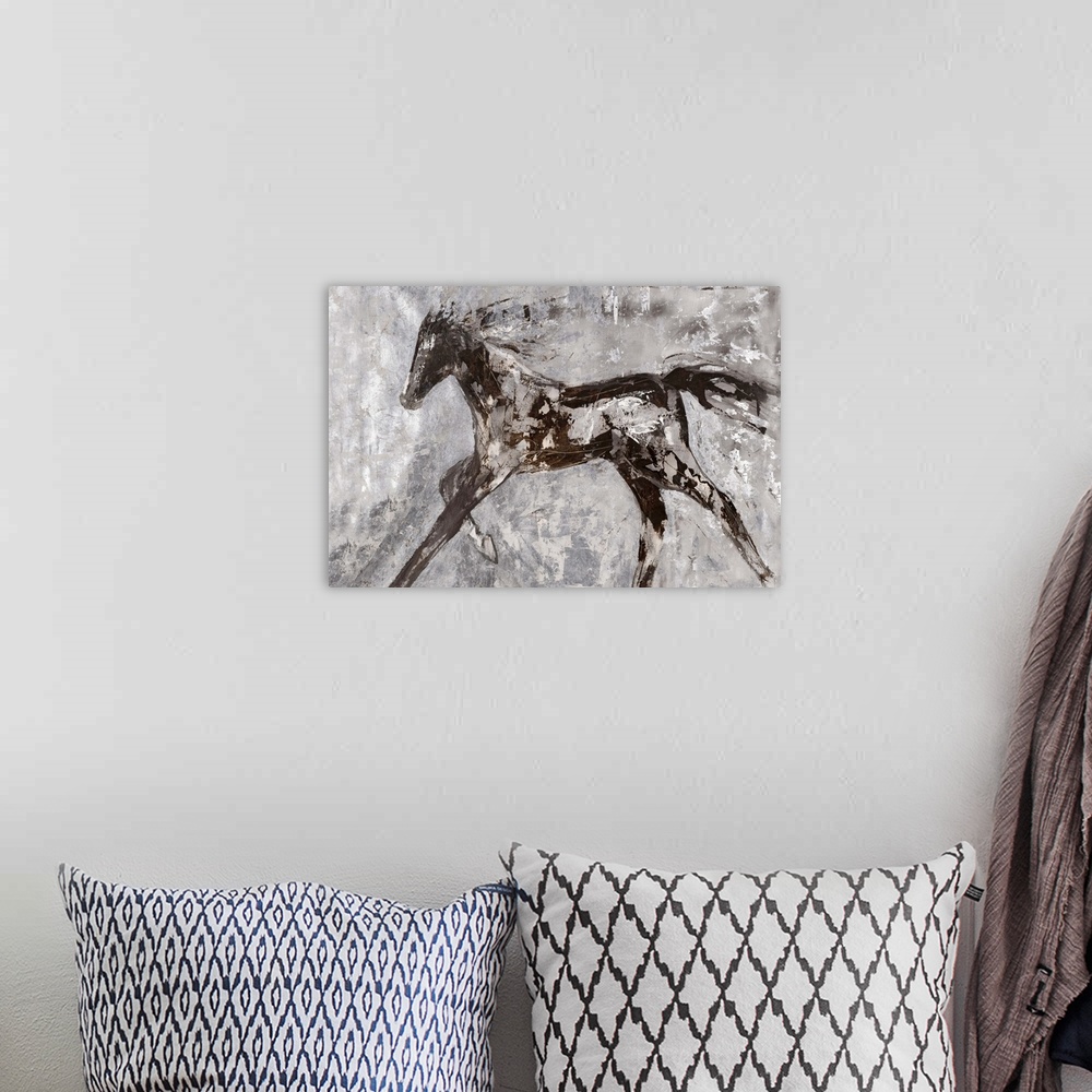 A bohemian room featuring Contemporary artwork of a dark horse at full gallop.