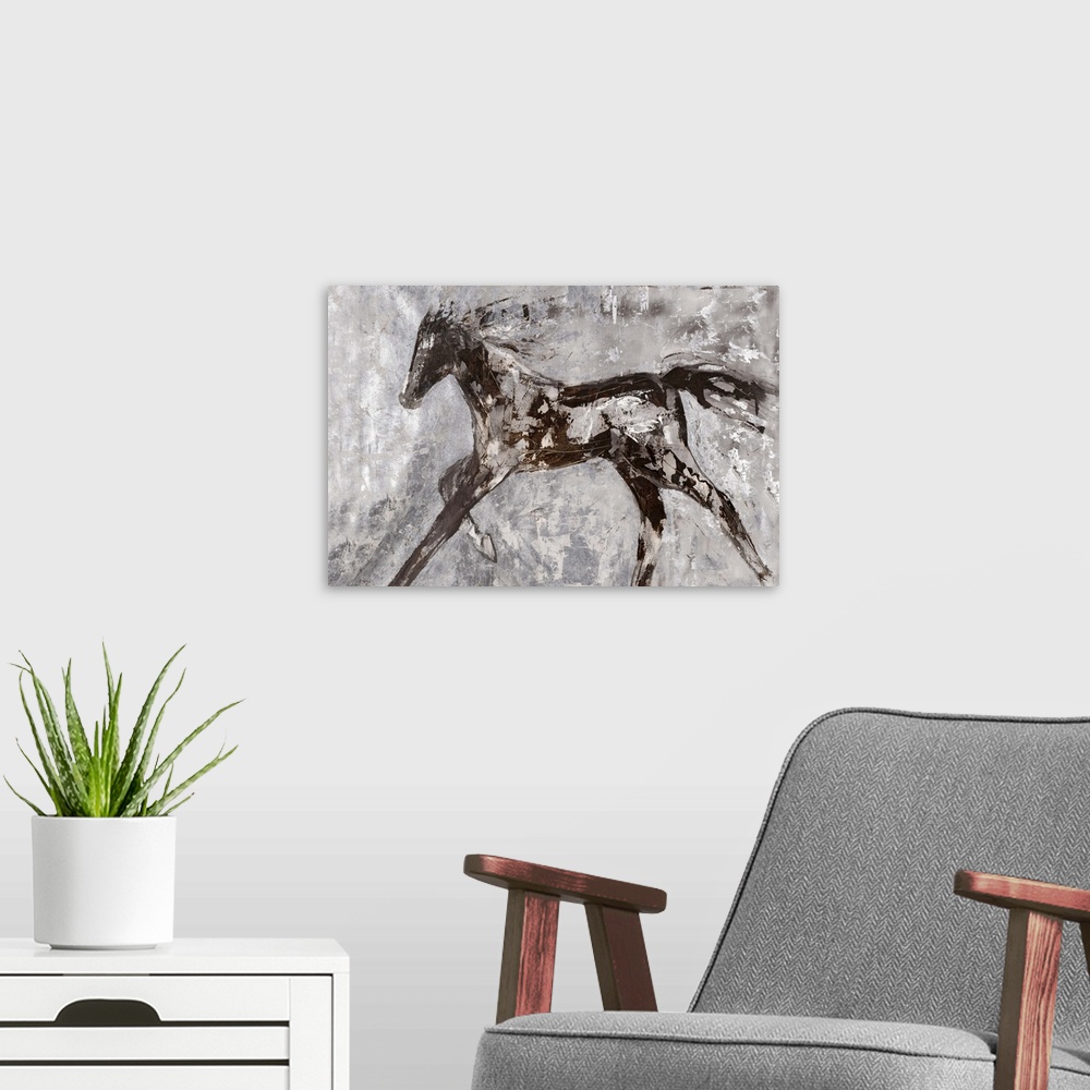 A modern room featuring Contemporary artwork of a dark horse at full gallop.