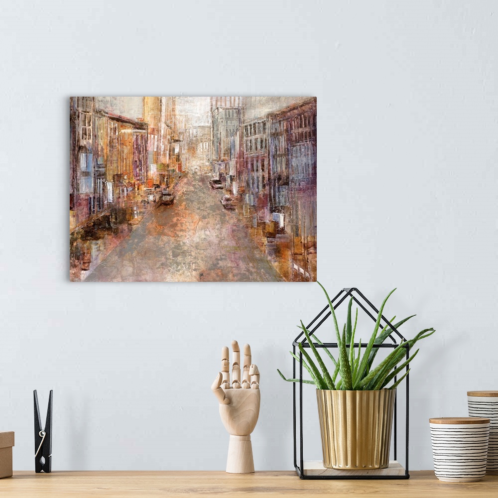 A bohemian room featuring A contemporary piece of artwork with multicolored buildings lining a street that goes back toward...