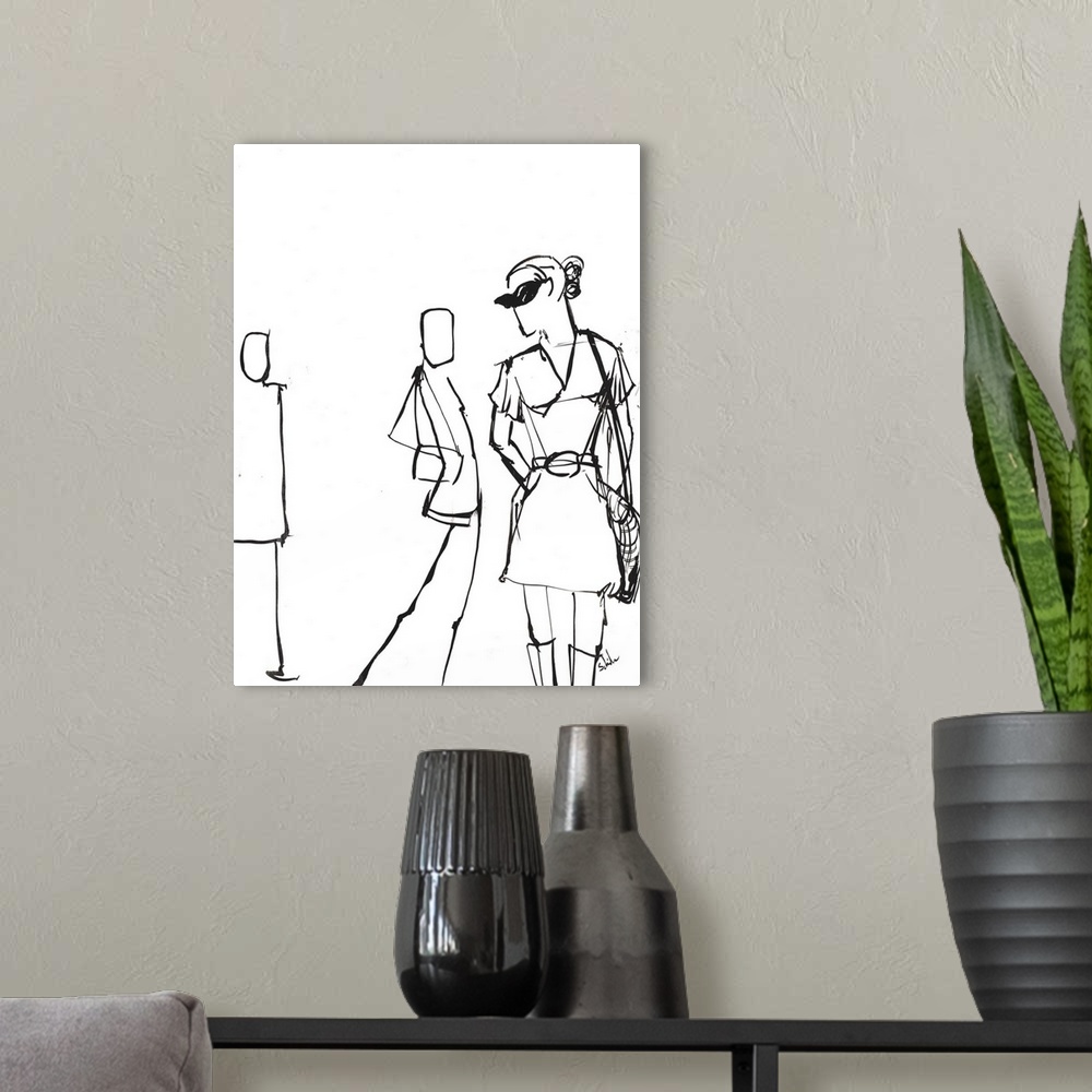 A modern room featuring Contemporary figurative artwork of human forms in simple structure against a white background.