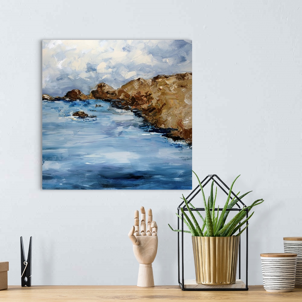 A bohemian room featuring Square, giant painting of a rocky coastline beneath a cloudy sky, painted with large, layered, di...