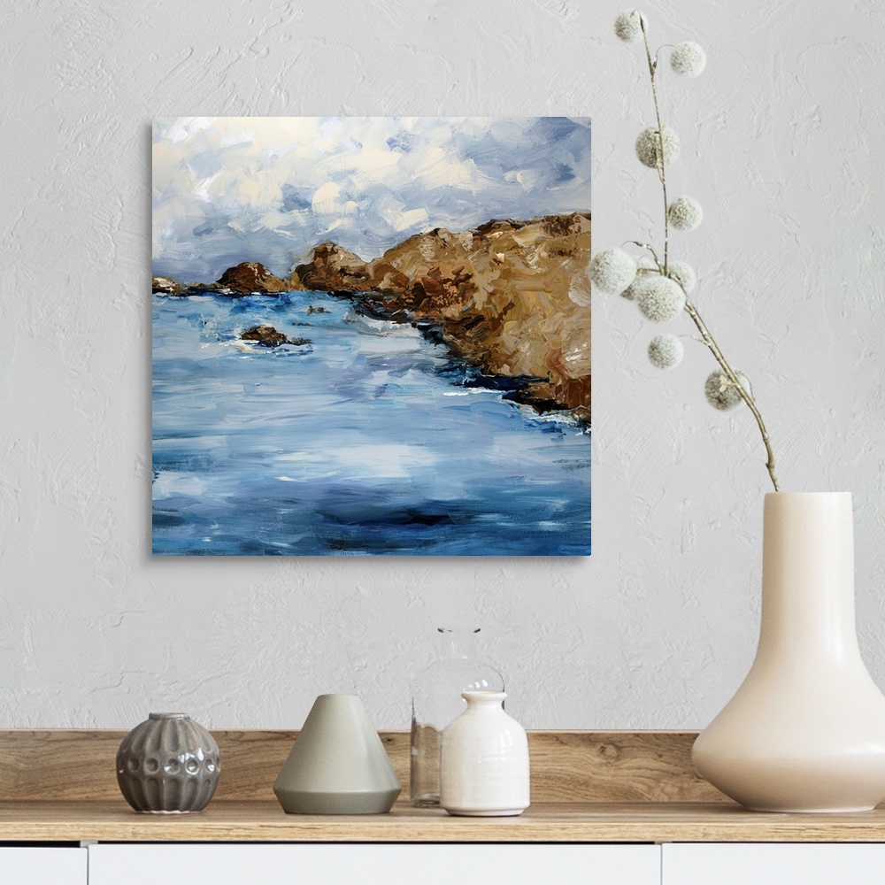 A farmhouse room featuring Square, giant painting of a rocky coastline beneath a cloudy sky, painted with large, layered, di...