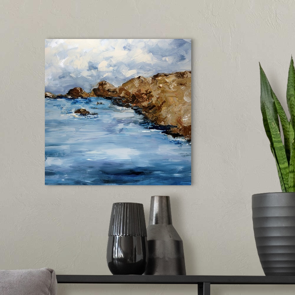 A modern room featuring Square, giant painting of a rocky coastline beneath a cloudy sky, painted with large, layered, di...