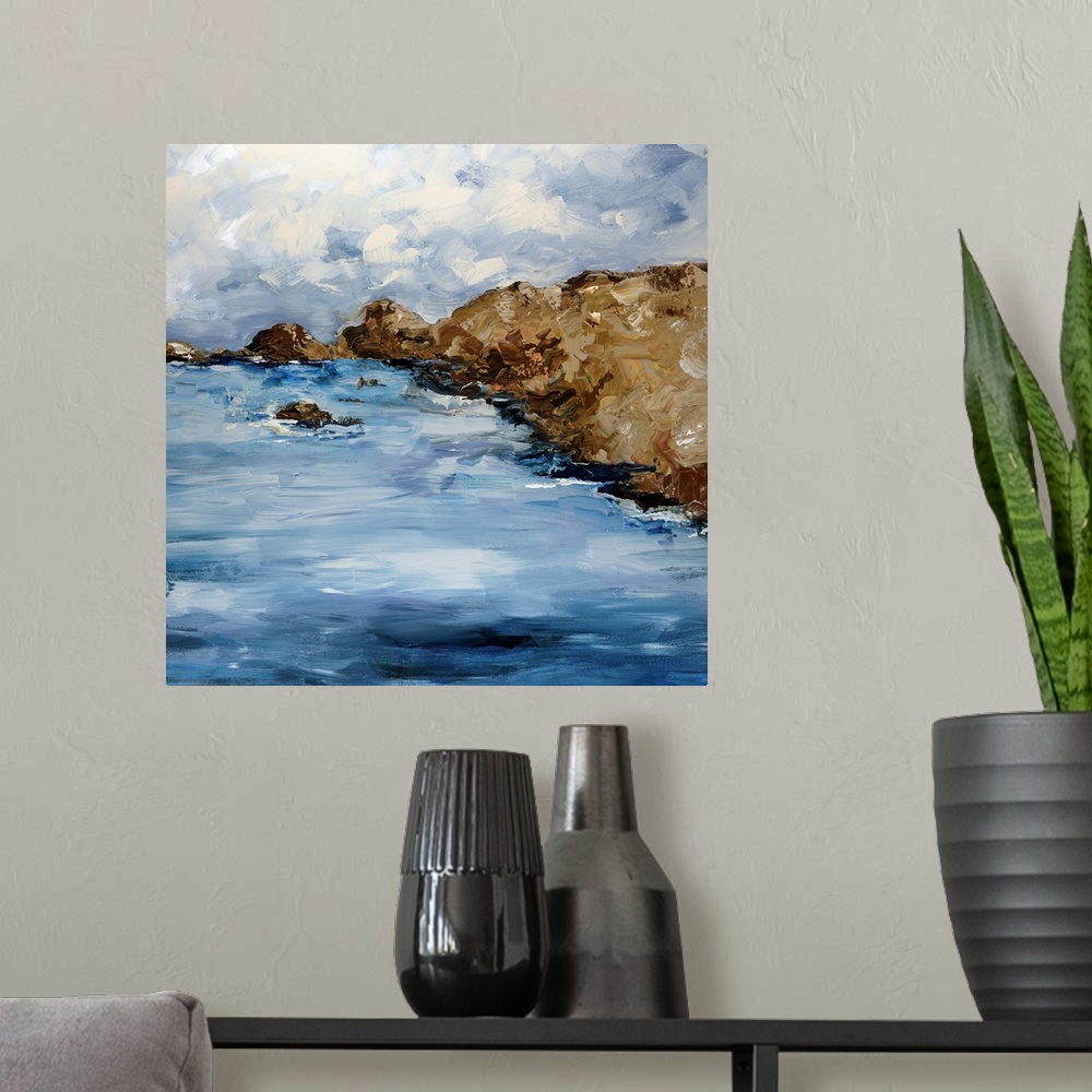 A modern room featuring Square, giant painting of a rocky coastline beneath a cloudy sky, painted with large, layered, di...