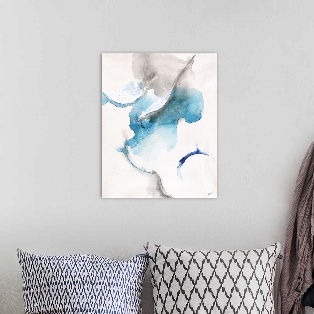 A bohemian room featuring Contemporary abstract painting with gray and blue hues on a white background.