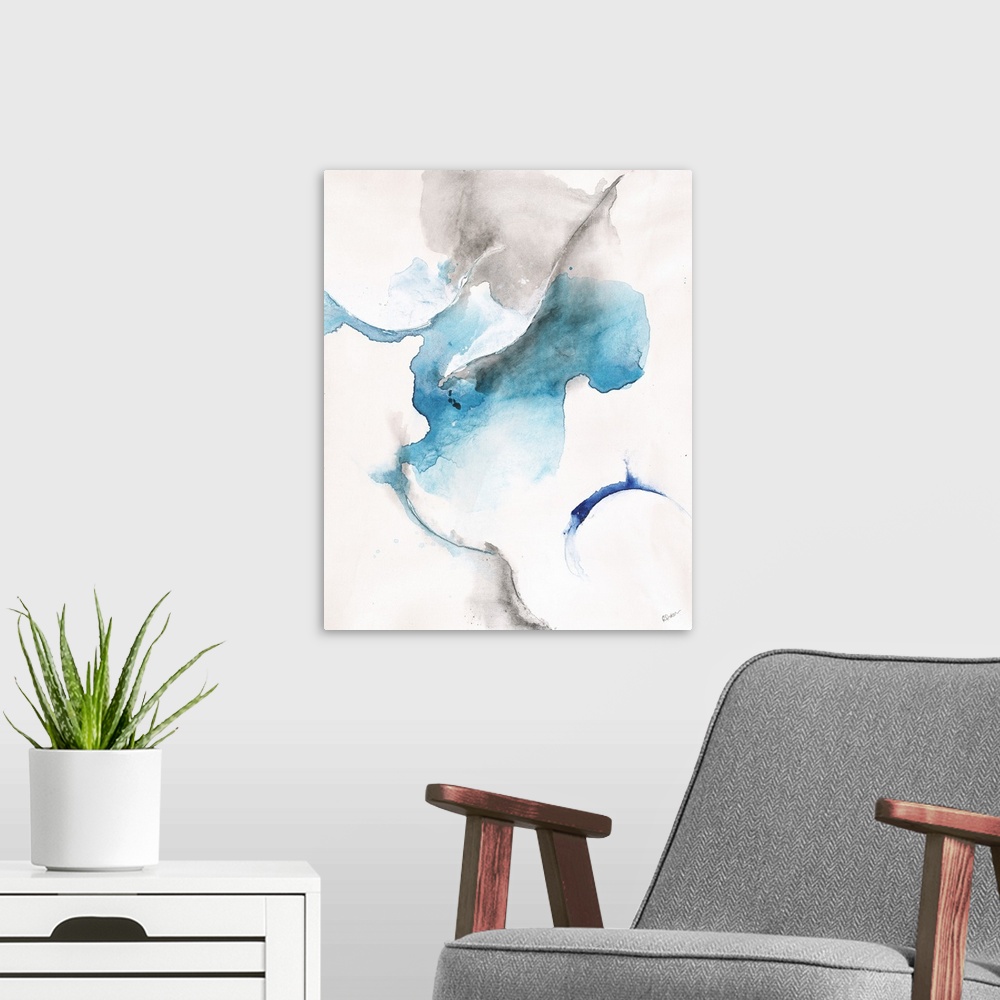 A modern room featuring Contemporary abstract painting with gray and blue hues on a white background.