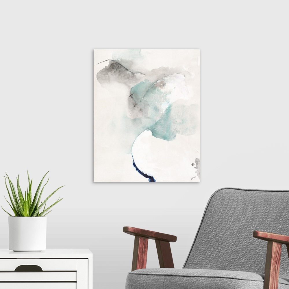 A modern room featuring Contemporary abstract painting with gray and blue hues on a white background.