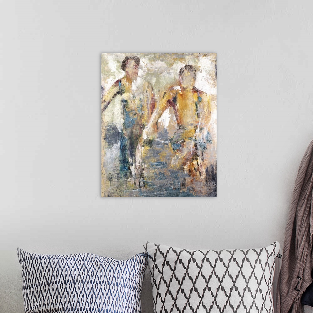 A bohemian room featuring Contemporary artwork of two male figures in hazy earth tones.