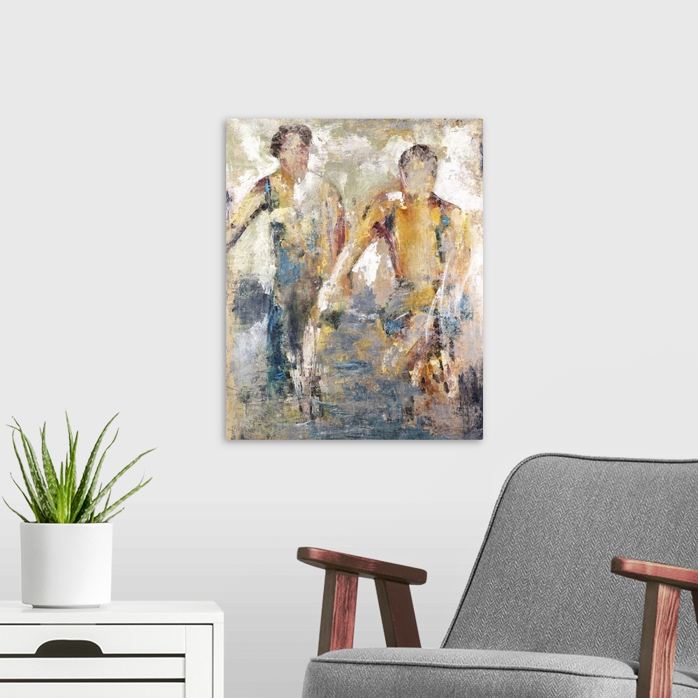 A modern room featuring Contemporary artwork of two male figures in hazy earth tones.