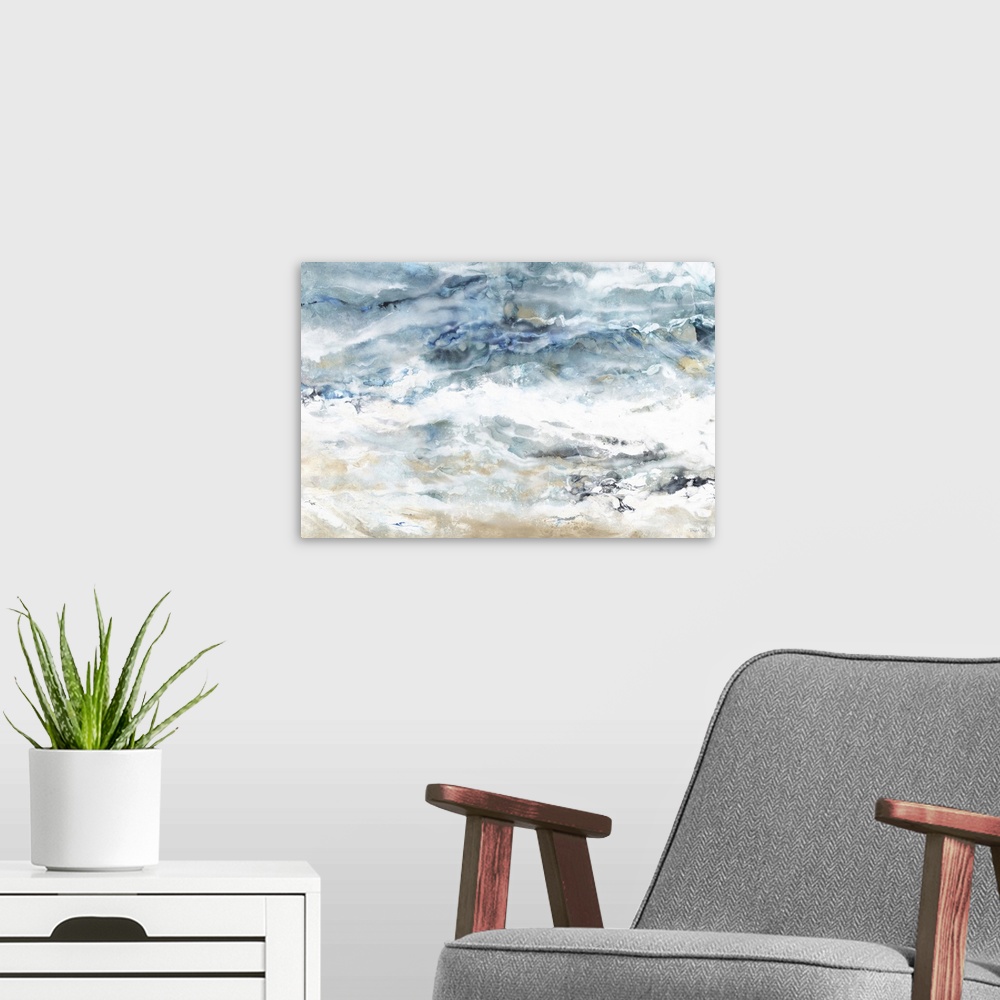A modern room featuring Abstract painting with watery looking hues with shades of blue, white, and tan resembling a seasc...