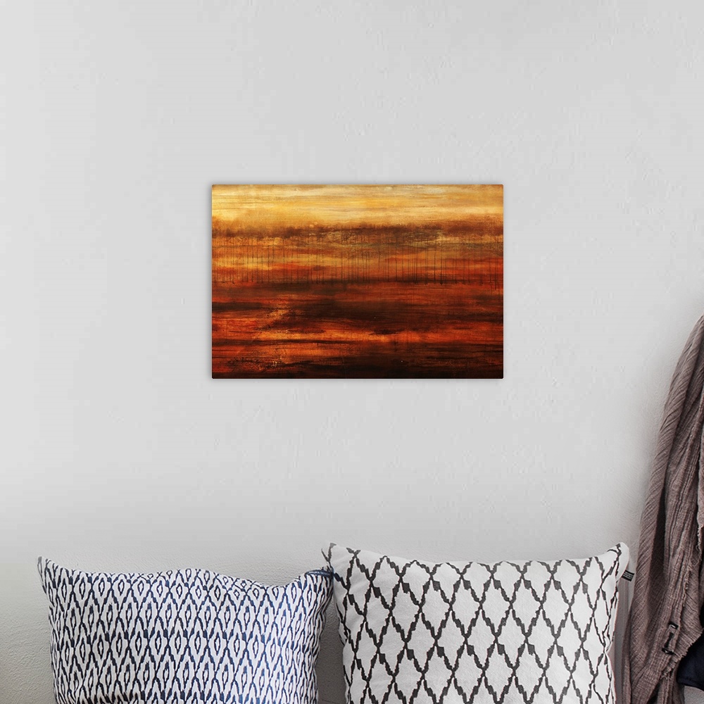 A bohemian room featuring Abstract painting on canvas of a gradient of colors going from top to bottom with short lines in ...