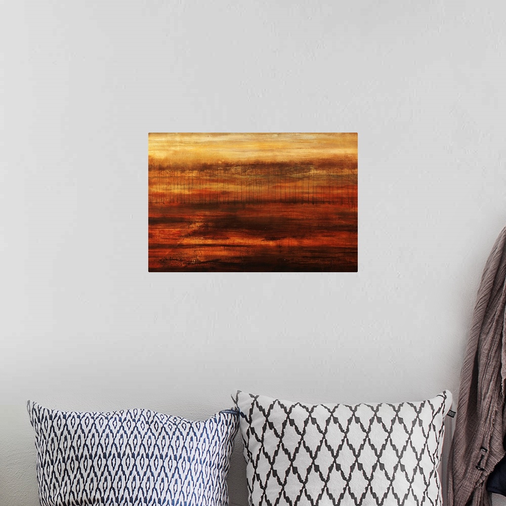 A bohemian room featuring Abstract painting on canvas of a gradient of colors going from top to bottom with short lines in ...