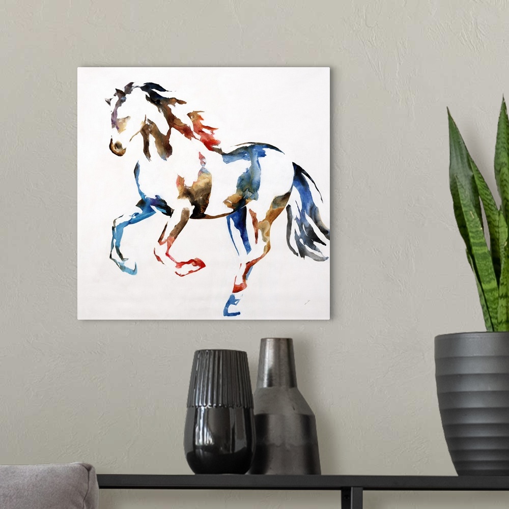 A modern room featuring Square artwork with a colorful silhouette of a horse on a white background.