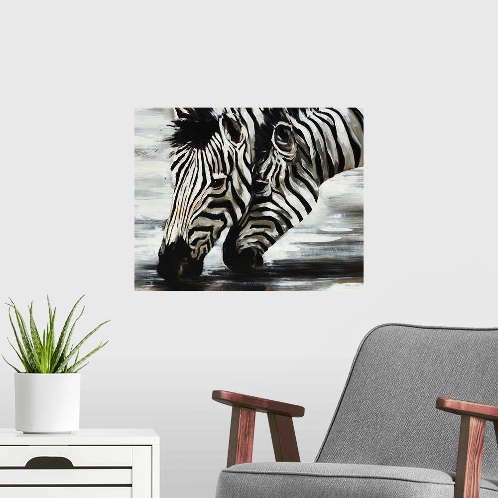 A modern room featuring Giant, horizontal painting of two zebras heads as they are bent down to drink water, closely toge...