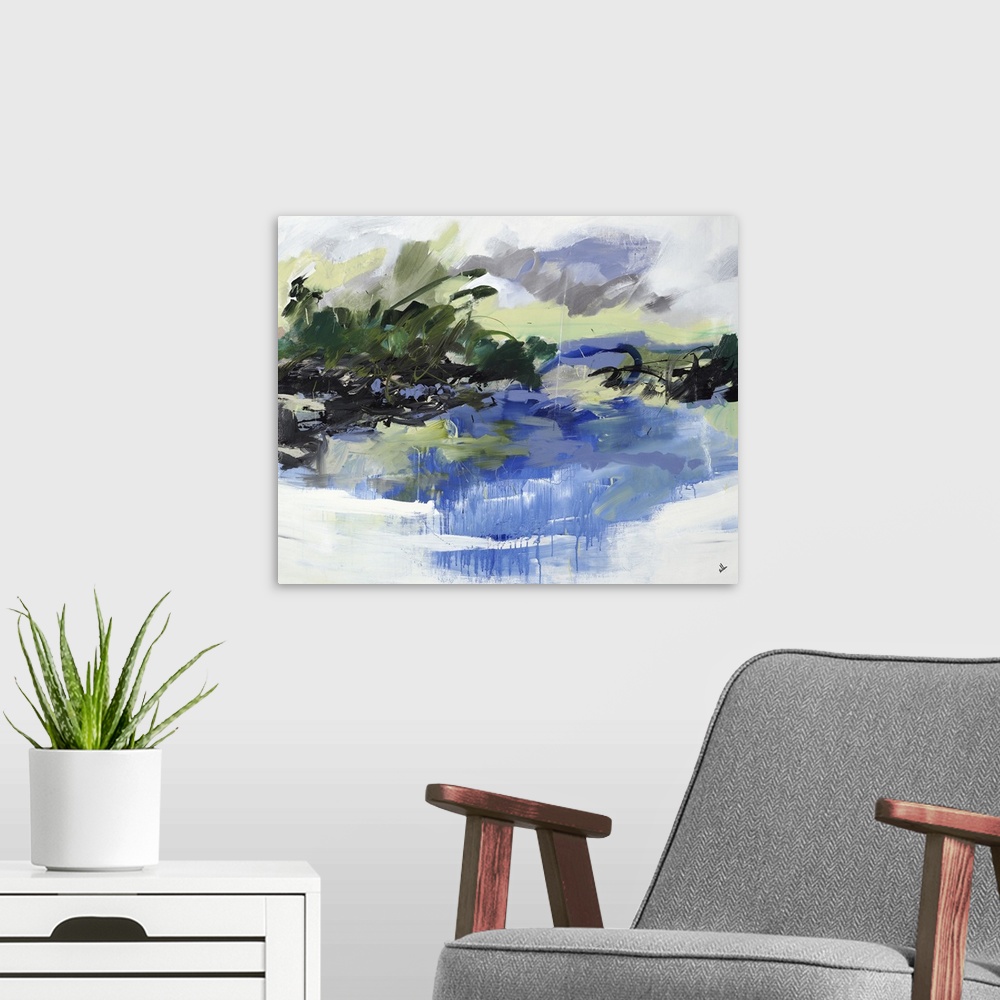 A modern room featuring An abstract landscape of a lake surrounded by trees.