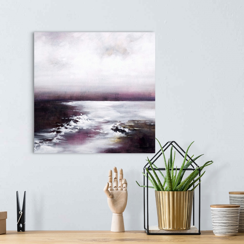 A bohemian room featuring Contemporary painting of a calm seascape with pink tones.