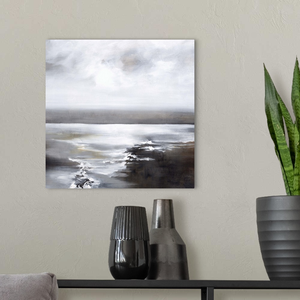 A modern room featuring Contemporary painting of a calm seascape with grey tones.