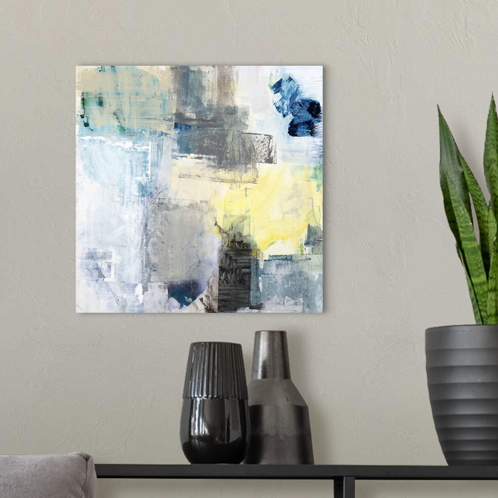 A modern room featuring Contemporary abstract painting with pale paint textures layered next to and on top of each other ...