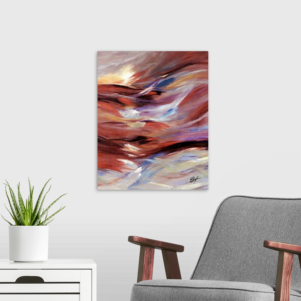 A modern room featuring Vertical, oversized artwork for a living room or office of horizontal, wavelike brushstrokes in w...