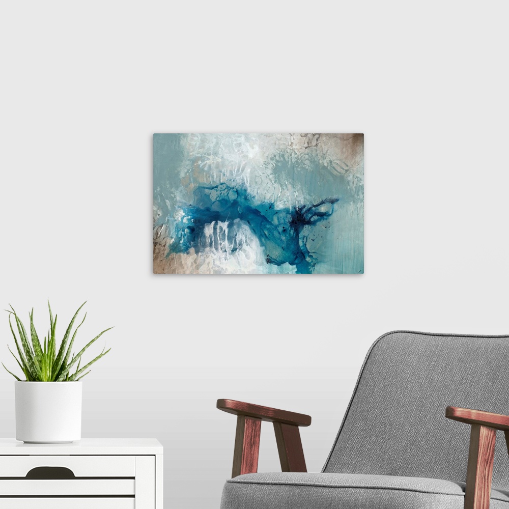 A modern room featuring Abstract painting dark teal splattered against a pale blue toned background.