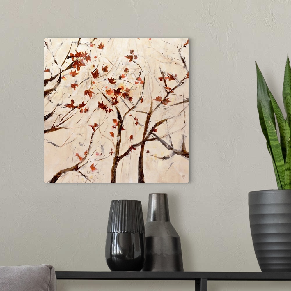 A modern room featuring Contemporary painting of several thin branched trees with scattered fall leaves.