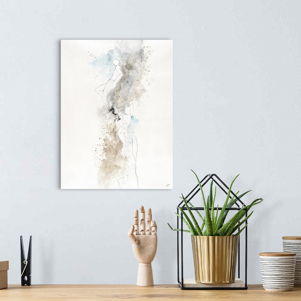 A bohemian room featuring Contemporary abstract painting with small, thin lined figures separated brown, gray, and blue pai...