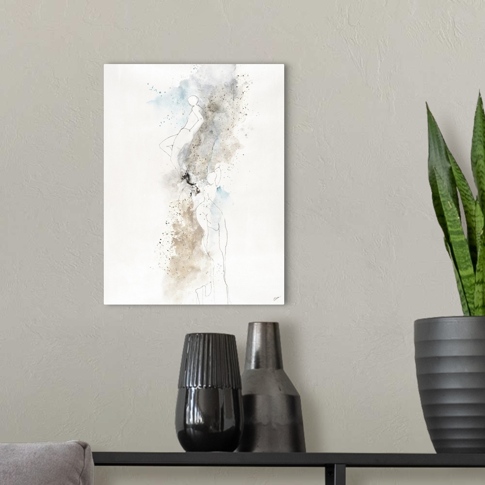 A modern room featuring Contemporary abstract painting with small, thin lined figures separated brown, gray, and blue pai...