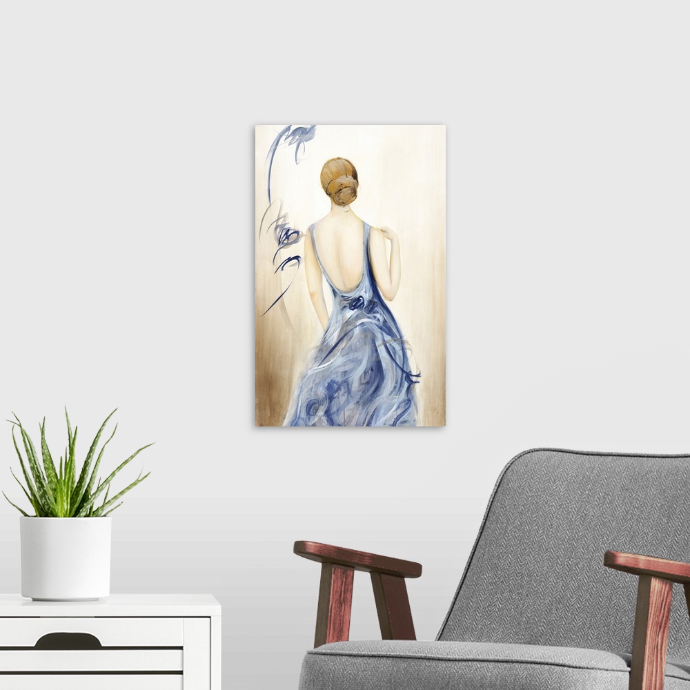 A modern room featuring Large painting of a woman in a blue dress with her back towards the viewer.