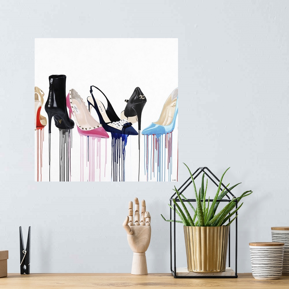 A bohemian room featuring Square artwork with a row of fashionable designer high heel shoes that each have paint dripping f...