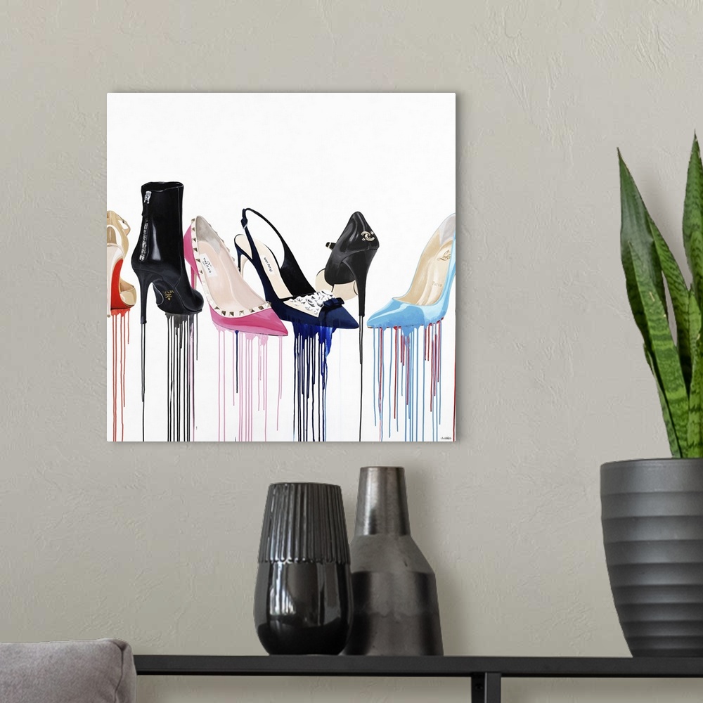 A modern room featuring Square artwork with a row of fashionable designer high heel shoes that each have paint dripping f...