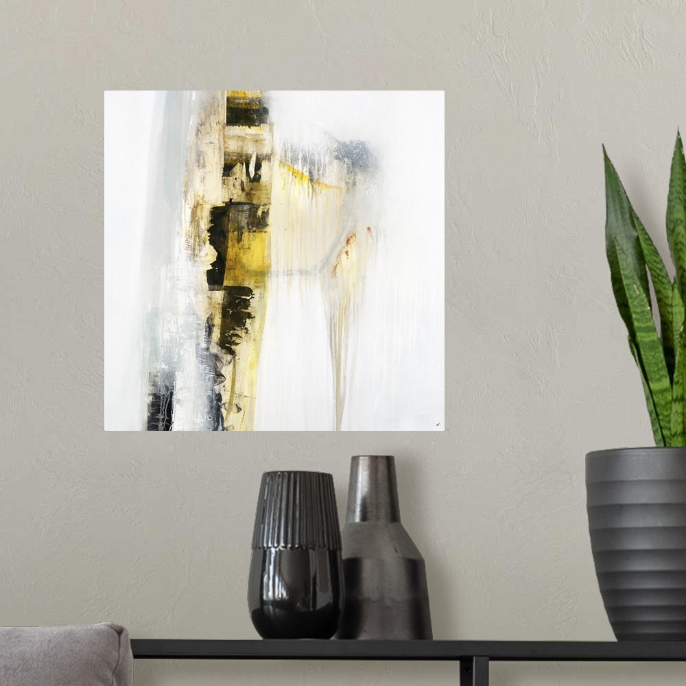 A modern room featuring Square abstract painting with a yellow and black vertical line going down the canvas with a faint...