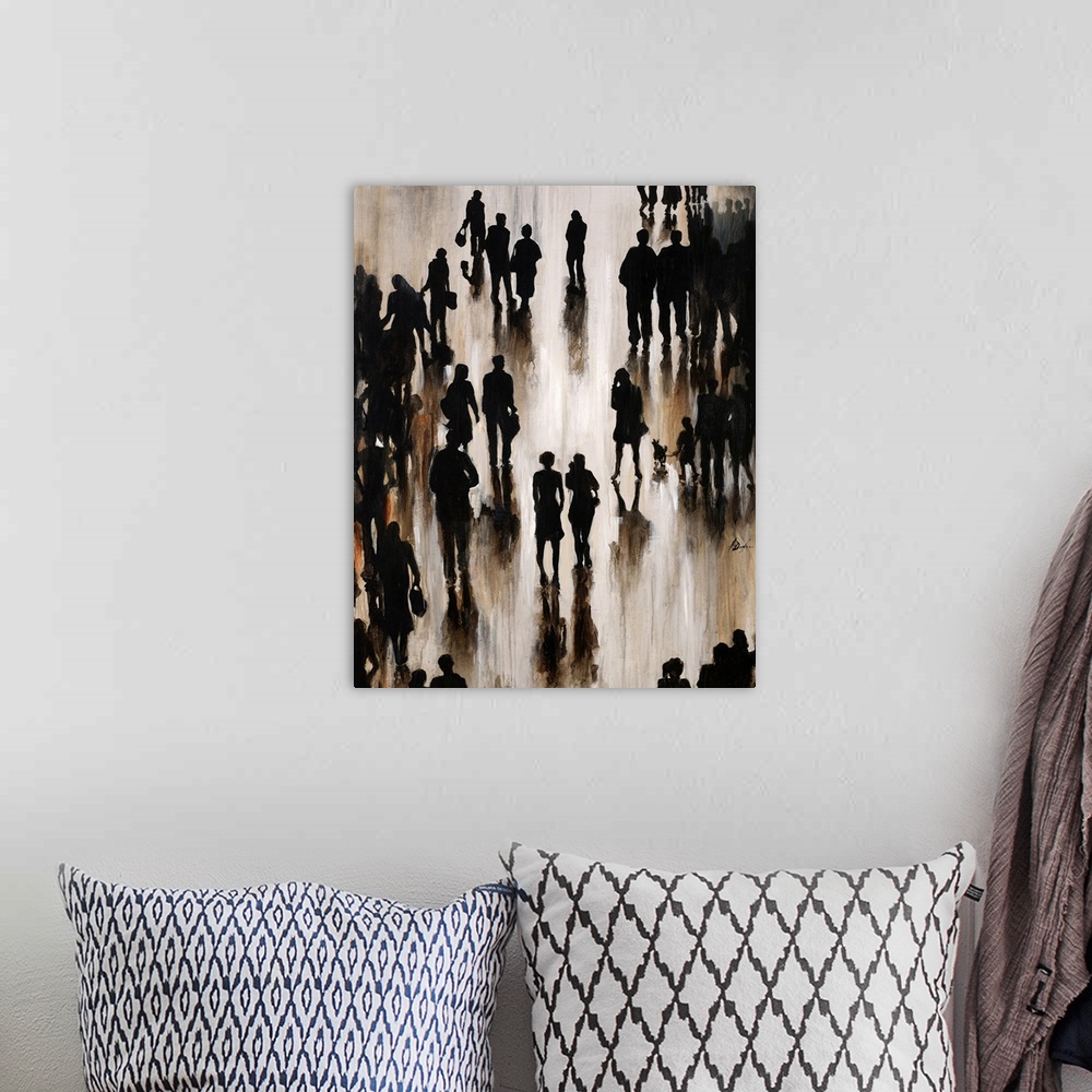 A bohemian room featuring Contemporary painting of silhouetted figures casting shadows, all appearing as if motion.