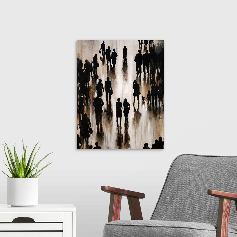 A modern room featuring Contemporary painting of silhouetted figures casting shadows, all appearing as if motion.