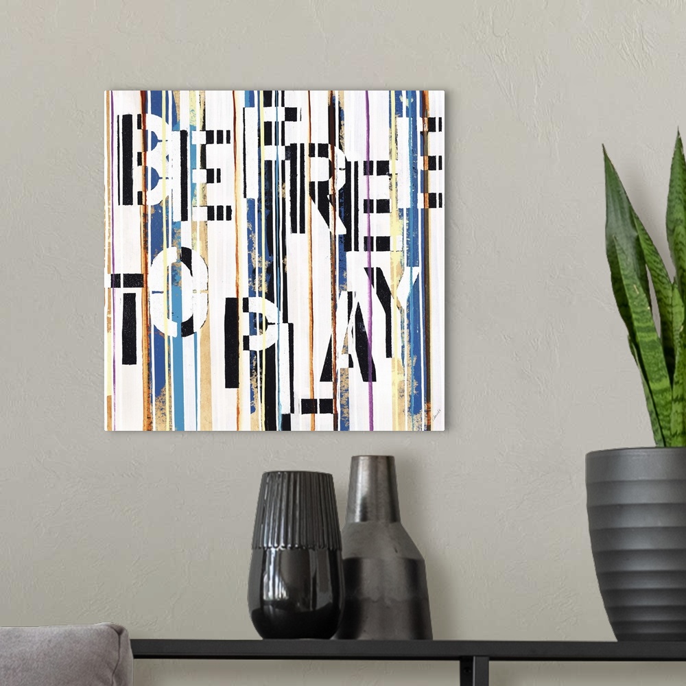 A modern room featuring Contemporary artwork with the text "be free to play" hidden in vertical stripes.