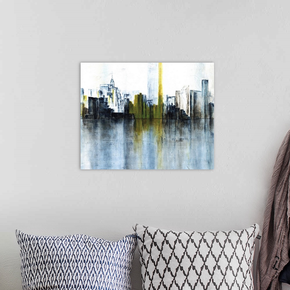 A bohemian room featuring Contemporary abstract painting using dark colors to convey a city skyline.