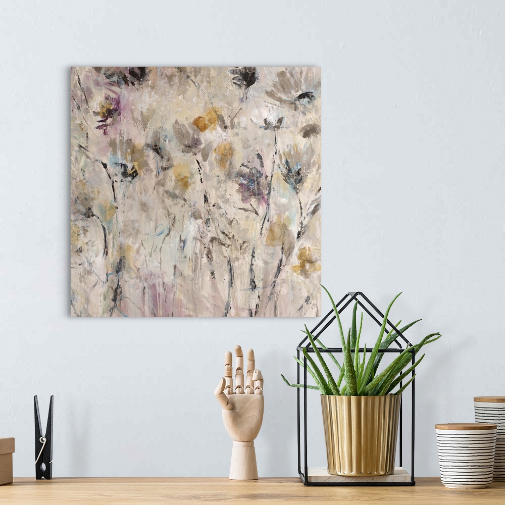A bohemian room featuring Contemporary abstract painting using predominant earth tones mixed with hints of color creating a...