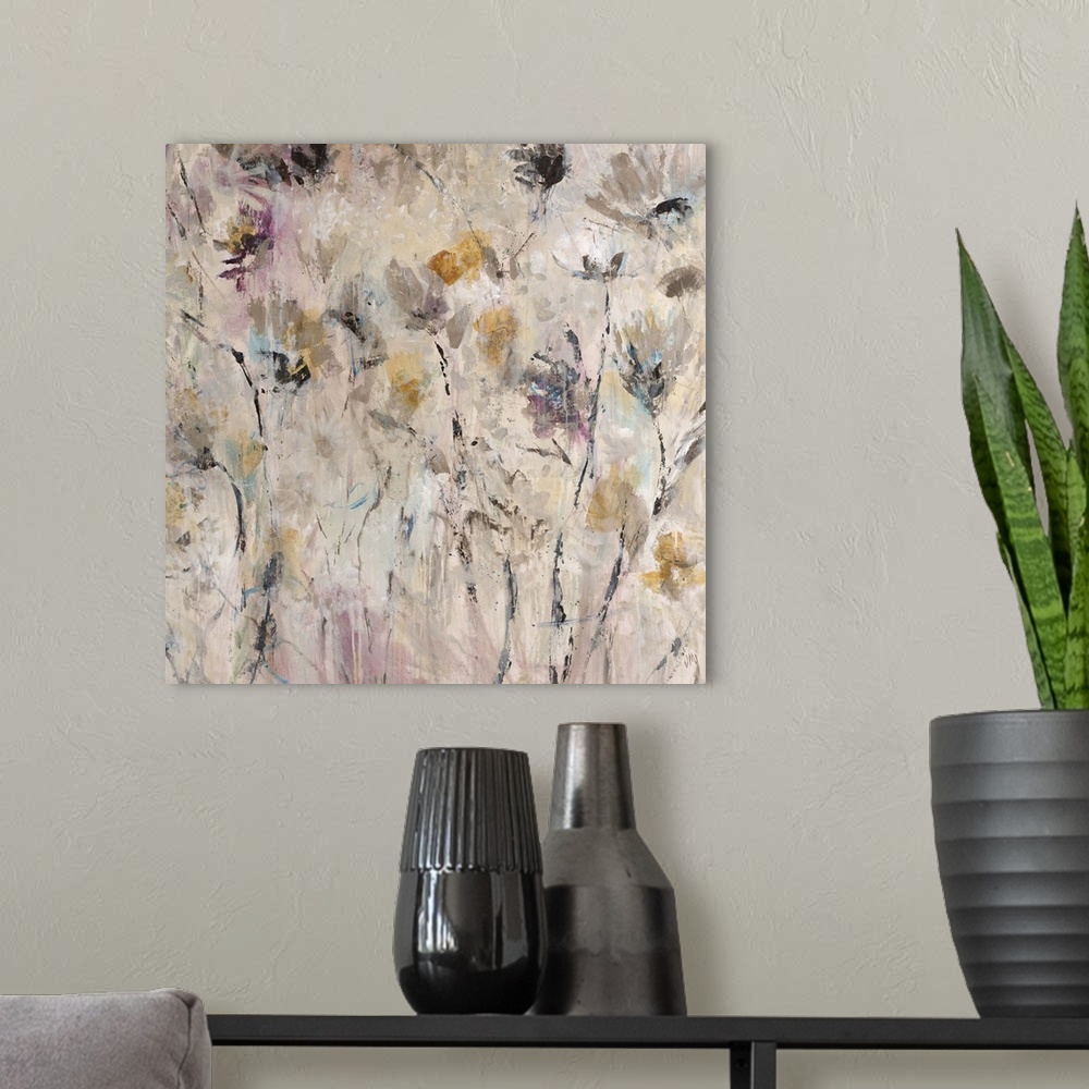 A modern room featuring Contemporary abstract painting using predominant earth tones mixed with hints of color creating a...
