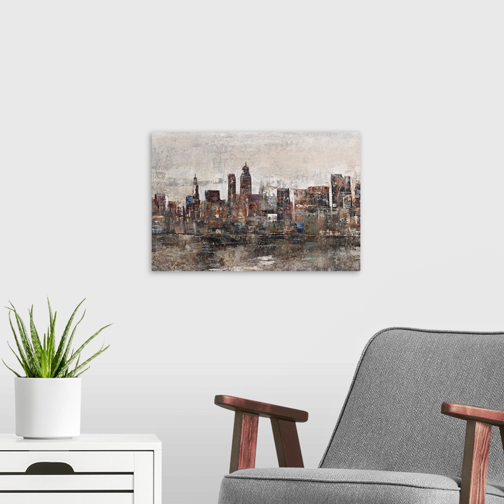 A modern room featuring Contemporary painting of a cityscape reflecting in the water found in the foreground, beneath a l...