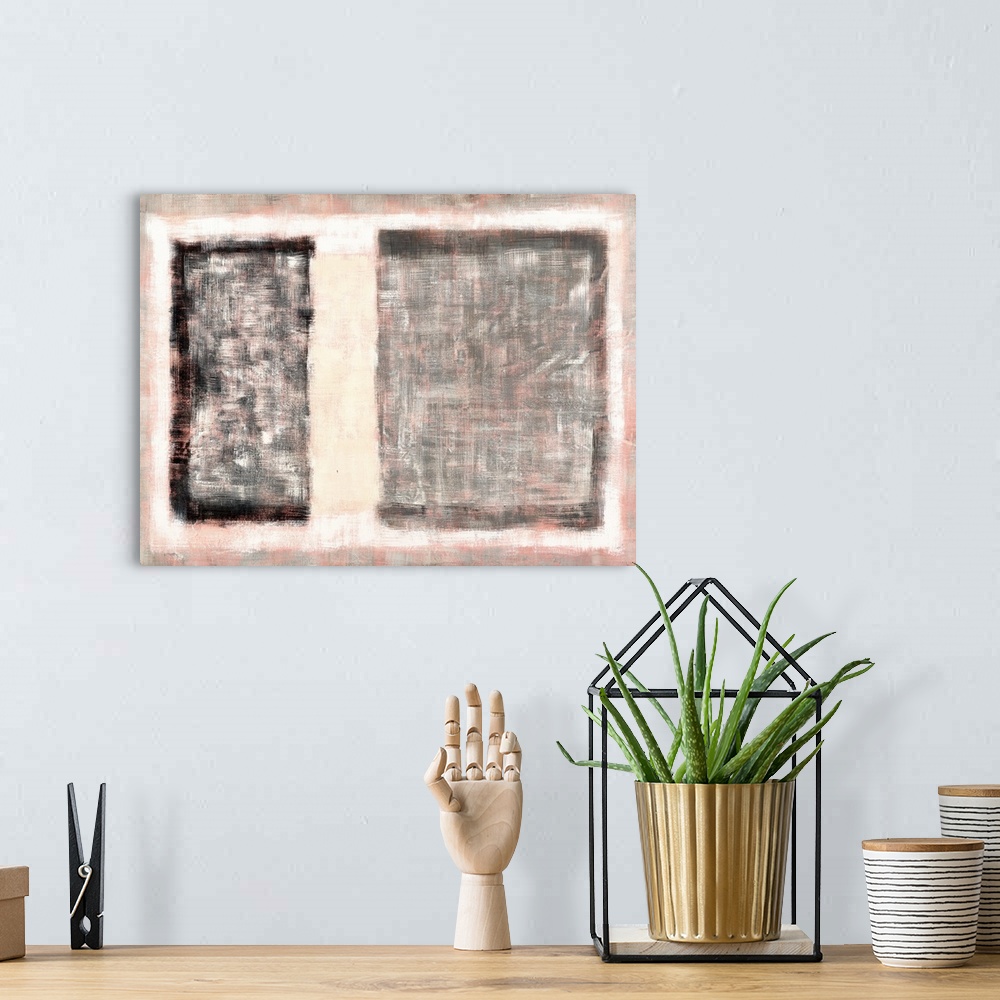 A bohemian room featuring A contemporary abstract painting using muted pale tones.