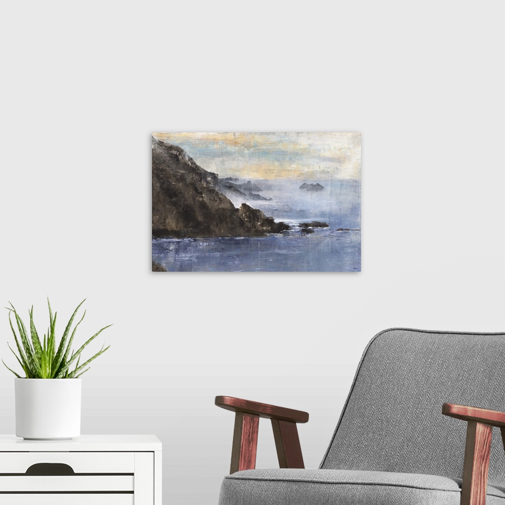 A modern room featuring Contemporary landscape painting of blue water surrounded by rocky cliffs.