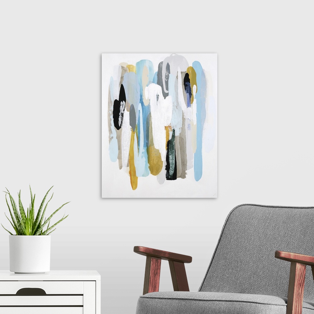 A modern room featuring Vertical painting of bold, thick brush strokes in multiple colors.