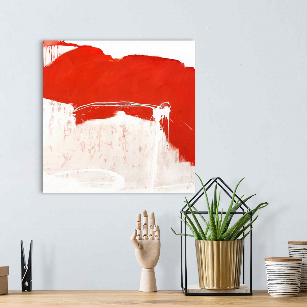 A bohemian room featuring Vibrant abstract painting on a square canvas.