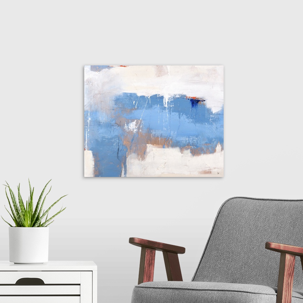 A modern room featuring Large abstract painting with layered shades of blue and brown on a white and cream background wit...