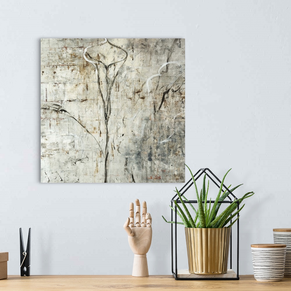 A bohemian room featuring Semi-abstract contemporary painting with faint outlines of calla lilies.