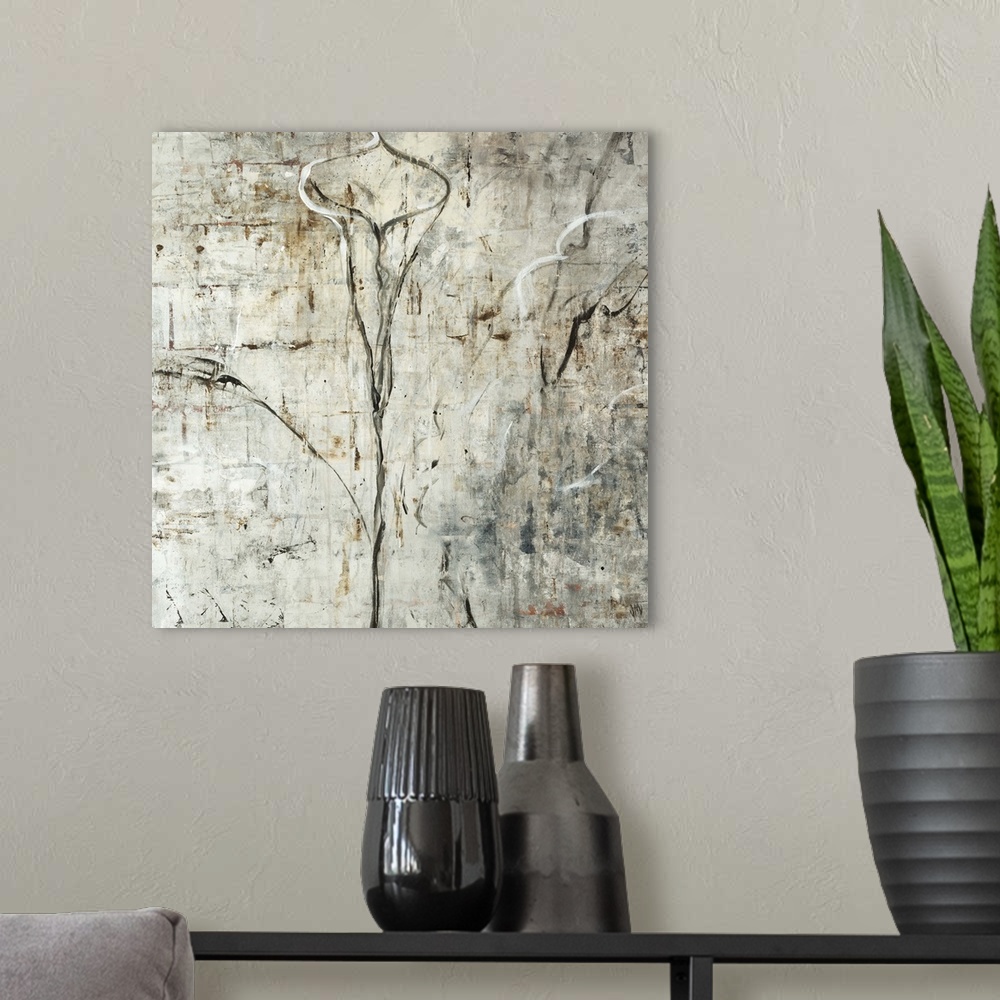 A modern room featuring Semi-abstract contemporary painting with faint outlines of calla lilies.