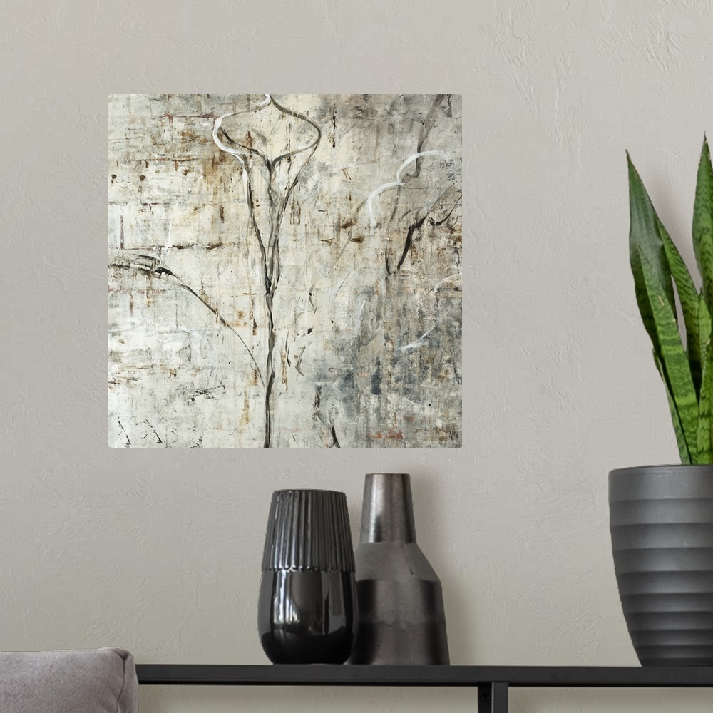 A modern room featuring Semi-abstract contemporary painting with faint outlines of calla lilies.