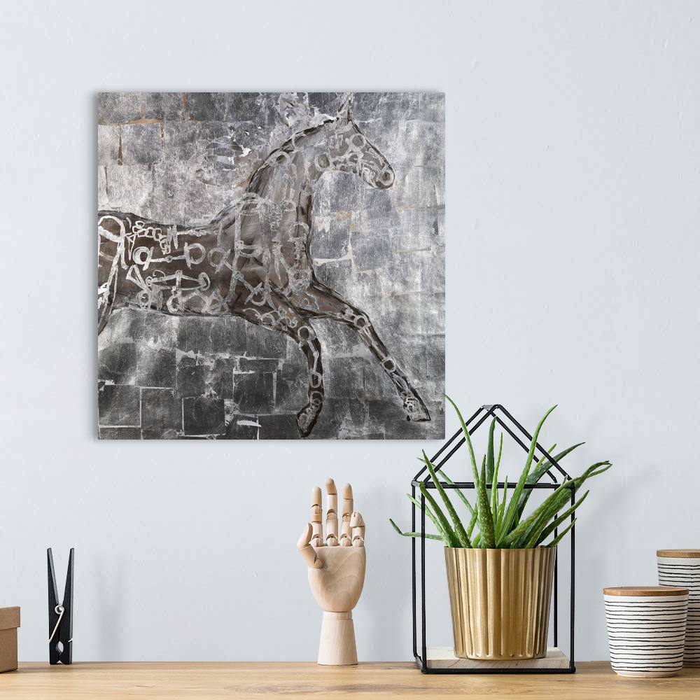A bohemian room featuring Contemporary painting of horse figure in a bronze and silver pattern against a gold block backgro...